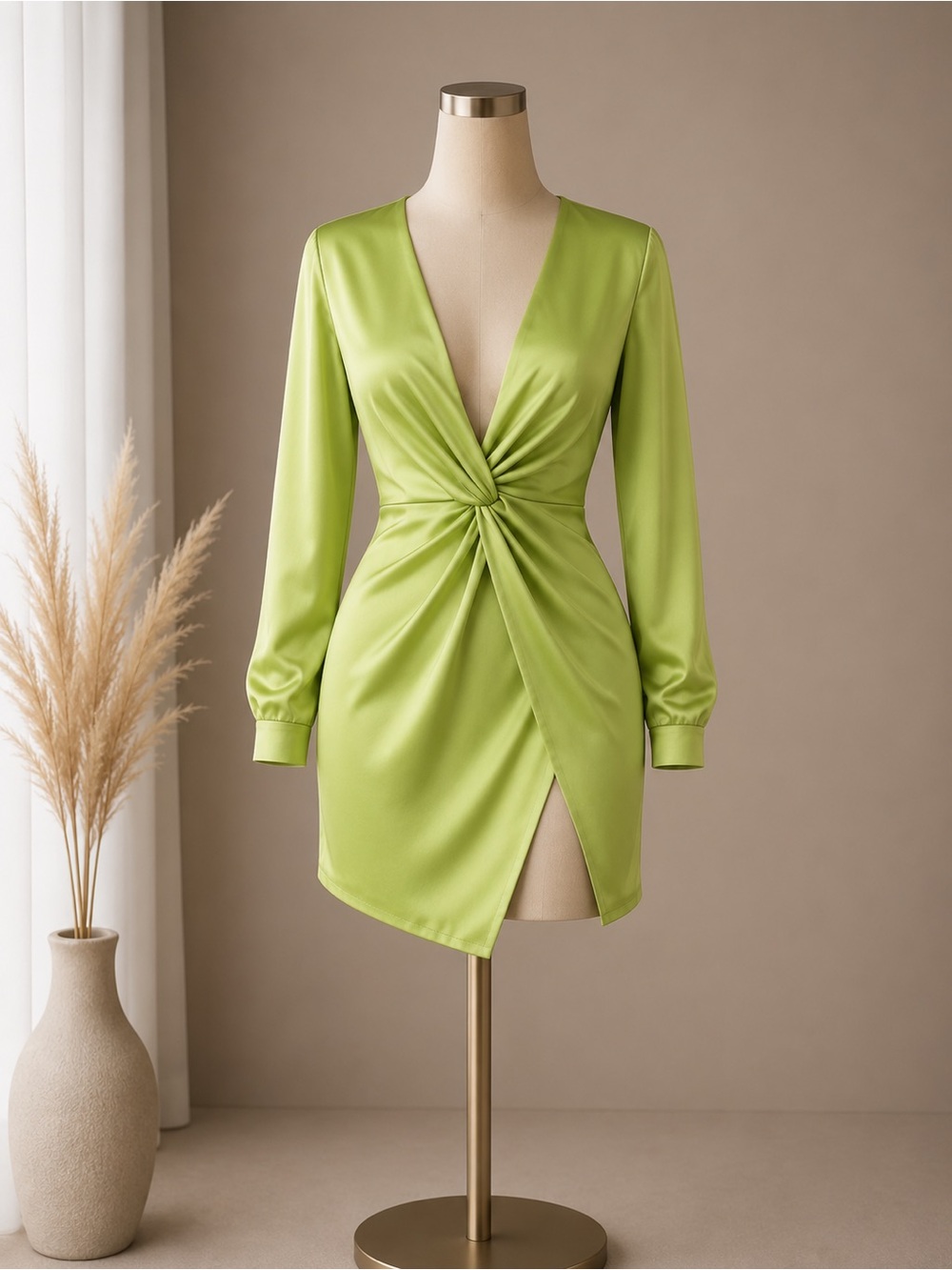 Plunge Neck Twist Front Satin Mini Dress in Lime Green